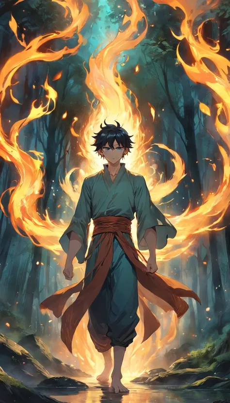 Amidst an ancient and overgrown forest, the essence of magic takes form through a young man, his hair as dark as the shadows and his eyes a radiant golden blaze. A mystical mark graces his neck, shimmering with latent power. Within a clearing, he stands en...