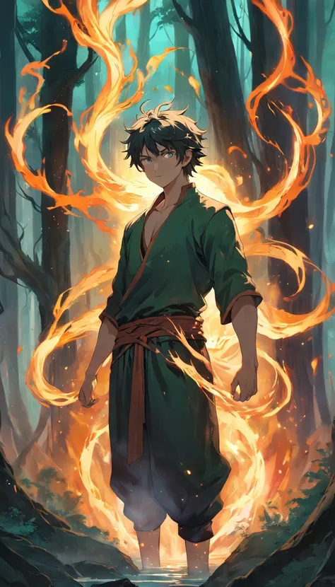 Amidst an ancient and overgrown forest, the essence of magic takes form through a young man, his hair as dark as the shadows and his eyes a radiant golden blaze. A mystical mark graces his neck, shimmering with latent power. Within a clearing, he stands en...