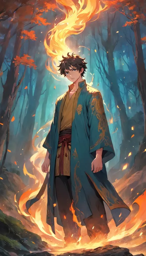 Amidst an ancient and overgrown forest, the essence of magic takes form through a young man, his hair as dark as the shadows and his eyes a radiant golden blaze. A mystical mark graces his neck, shimmering with latent power. Within a clearing, he stands en...