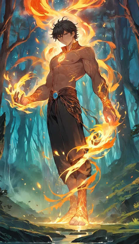 Amidst an ancient and overgrown forest, the essence of magic takes form through a young man, his hair as dark as the shadows and his eyes a radiant golden blaze. A mystical mark graces his neck, shimmering with latent power. Within a clearing, he stands en...