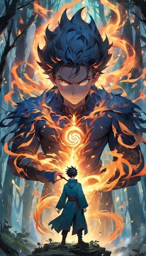 Amidst an ancient and overgrown forest, the essence of magic takes form through a young man, his hair as dark as the shadows and his eyes a radiant golden blaze. A mystical mark graces his neck, shimmering with latent power. Within a clearing, he stands en...