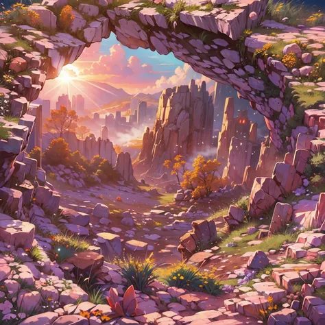 detailed landscape, sunbeams, (sun1. 2), a giant ring made out rocks, circle composition, masterpiece, best quality