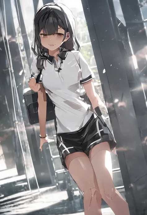 1girll, 独奏, White polo shirt, White sneakers, tennis wear, white mini-skirt, tmasterpiece, Best quality at best, realisticlying, ultra - detailed, (shiny skins, perspired:1.4), absurderes, looking at viewert, with short black hair, with brown eye,slenderne...