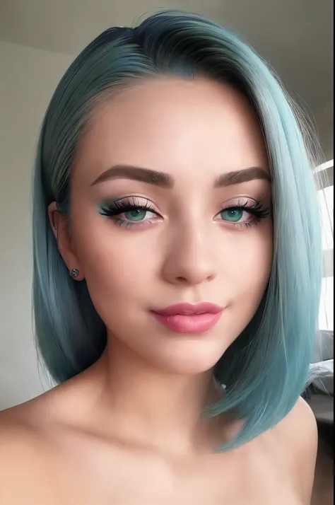 a close up of a woman with blue hair and a green wig, photorealistic beautiful face, realistic beautiful face, hyperrealistic beautiful face, beautiful realistic face, kawaii realistic portrait, teal eyebrows, realistic artstyle, realistic digital illustra...