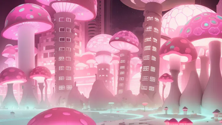 Cidade. mushroom buildings. Janelas no mushroom. mushroom Pink escuro neon. constructions.