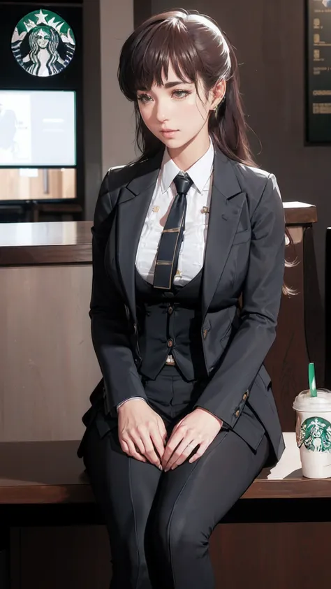 (((beautiful))), dolla, formal outfit, business suit, office working dress, huge breasts,(((shiny skin))), ((intricate details)), hdr, ((intricate details, hyperdetailed)), cinematic shot, (((sitting on cafe, enjoying starbucks))), vignette, art by alphons...