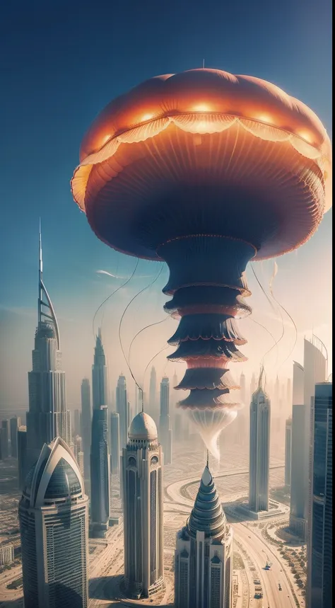 Giant jellyfish flying in the air in the city of Dubai