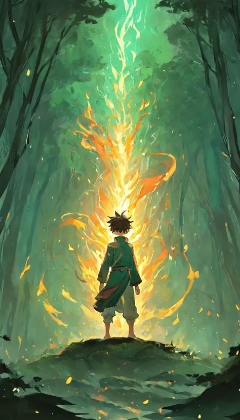 Amidst an ancient and overgrown forest, the essence of magic takes form through a young man, his hair as dark as the shadows and his eyes a radiant golden blaze. A mystical mark graces his neck, shimmering with latent power. Within a clearing, he stands en...