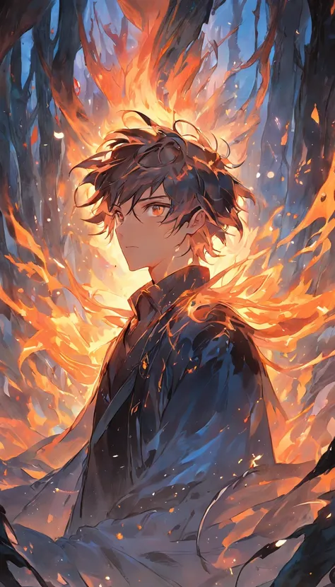 Amidst an ancient and overgrown forest, the essence of magic takes form through a young man, his hair as dark as the shadows and his eyes a radiant golden blaze. A mystical mark graces his neck, shimmering with latent power. Within a clearing, he stands en...