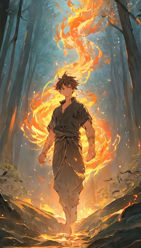 Amidst an ancient and overgrown forest, the essence of magic takes form through a young man, his hair as dark as the shadows and his eyes a radiant golden blaze. A mystical mark graces his neck, shimmering with latent power. Within a clearing, he stands en...