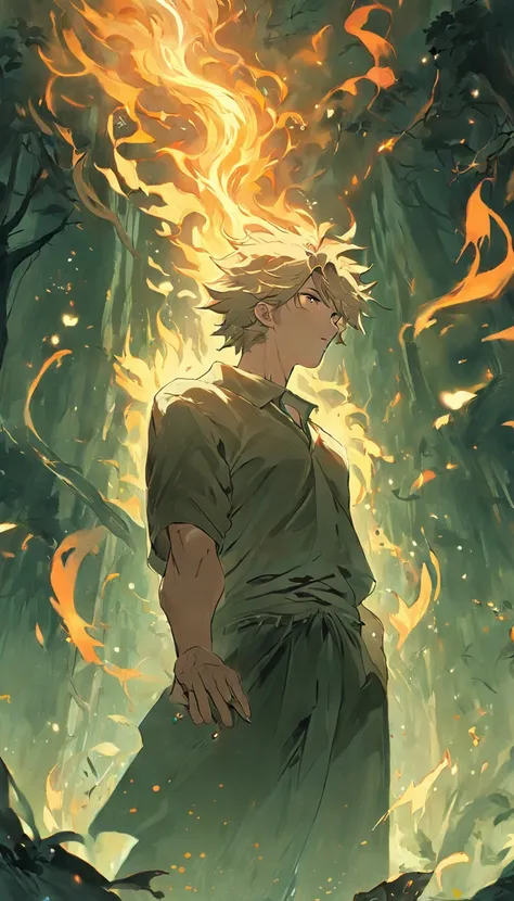 Amidst an ancient and overgrown forest, the essence of magic takes form through a young man, his hair as dark as the shadows and his eyes a radiant golden blaze. A mystical mark graces his neck, shimmering with latent power. Within a clearing, he stands en...