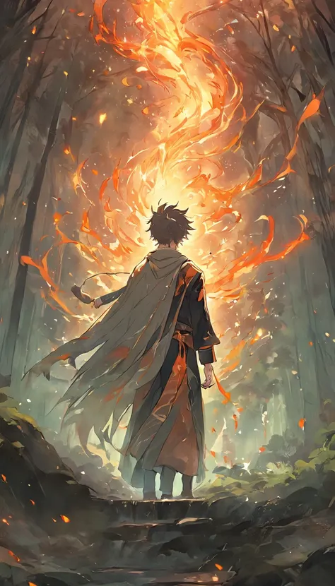 Amidst an ancient and overgrown forest, the essence of magic takes form through a young man, his hair as dark as the shadows and his eyes a radiant golden blaze. A mystical mark graces his neck, shimmering with latent power. Within a clearing, he stands en...