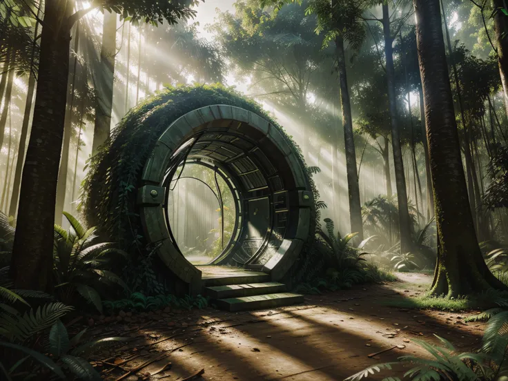 Hyper realistic photograph, jungle, stargate portal, sci-fi, tech, modern, detailed, forest, cyber art, epic cyberpunk digital art style, afternoon, sun rays, blue light, 64k, masterpiece