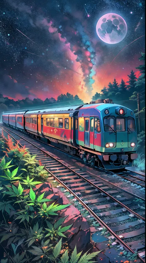 A steep chic train on a wet road. ,neon lights, neon galaxies, huge crystal moon, starry sky,,, in love Hemp, leaf, marijuana, cannabis, ((illustration)), colorful, wallpaper, energy, secret, magical environment, omniscience, prediction of the future, unde...