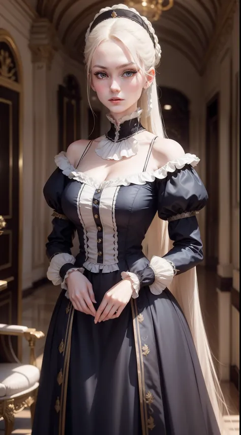 Mid-shot beauty, French, 24 years old, (Pale:1.3) skin, Empress, Blonde straight hair in bun hairstyle, Large eyelashes, Self-confident, Serious, haughty, no-makeup, Beautiful body, Intricate Victorian costumes, In the palace, victorian age