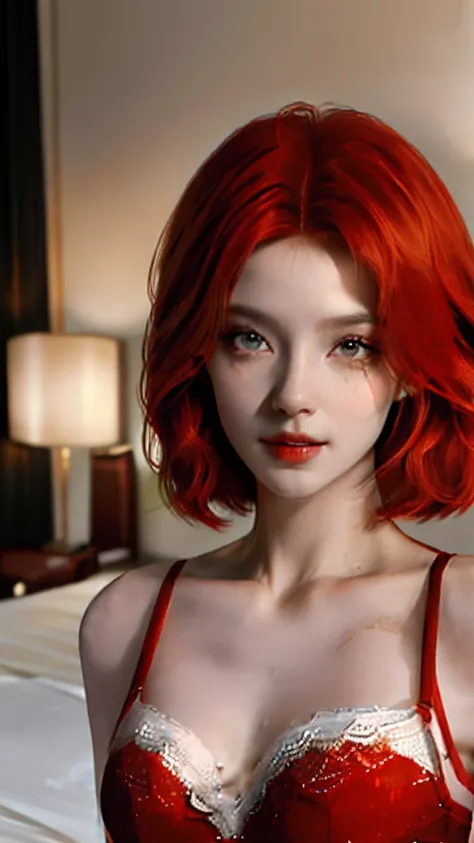 ((Realistic lighting, Best quality, 8K, Masterpiece: 1.3)), Clear focus: 1.2, 1girl, Perfect body beauty: 1.4, Slim abs: 1.1, ((red bob hair, small breasts: 1.3)), (Wearing ultra-thin red lace lingerie: 1.4, gray stockings: 1.2,), (indoor, night: 1.1), Cit...