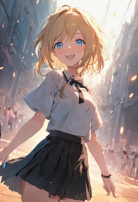 Masterpiece, Best quality, High definition, KR1, Blue eyes, Smile,bangs, White shirt, Black skirt, Stand with finger, Pleated skirt, Socks, small tits, Blonde, Cowboy shot,