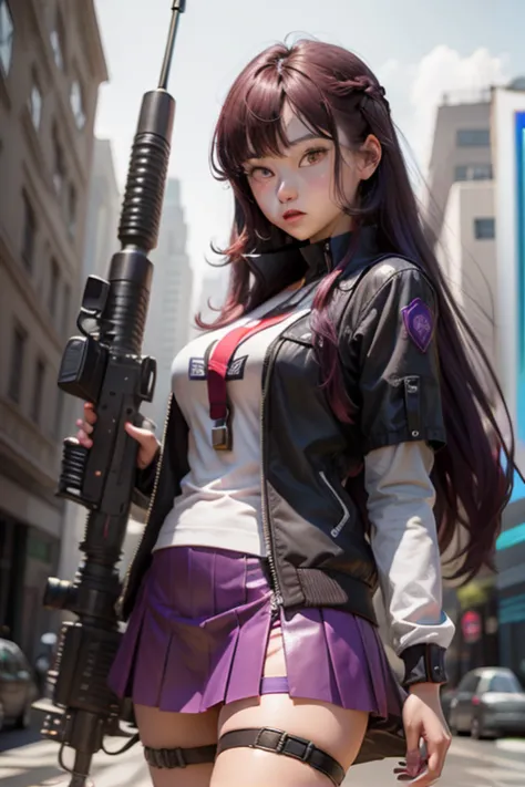 Anime - Style woman in a short skirt with a gun on a city street, female cyberpunk anime girl, cyberpunk anime girl, cyberpunk angry gorgeous goddess, Cyberpunk 2 0 y. o model girl, Guviz-style artwork, Cyberpunk girl, Hyper-realistic cyberpunk style, cybe...