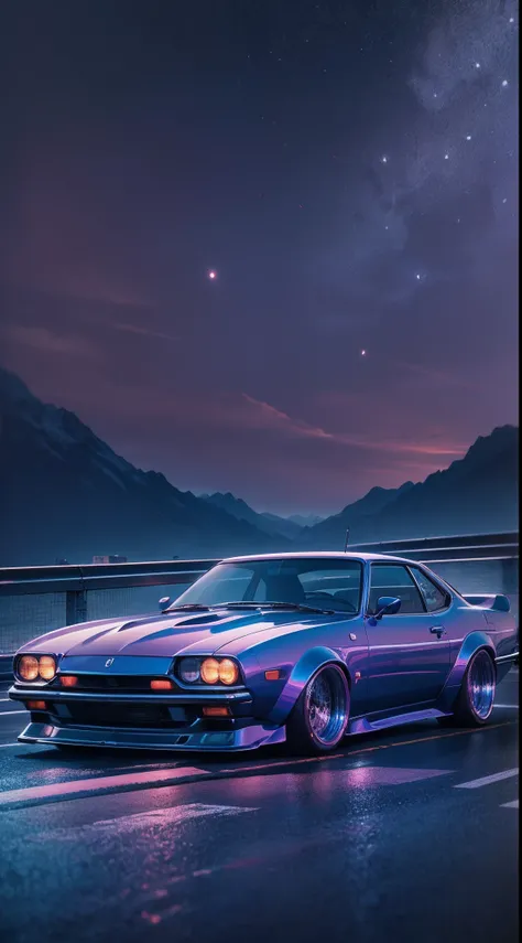 retrowave. city, 1969 Nissan S30, wide body kit, road, purple neon lights, sun, mountain, (masterpiece, detailed, highres),