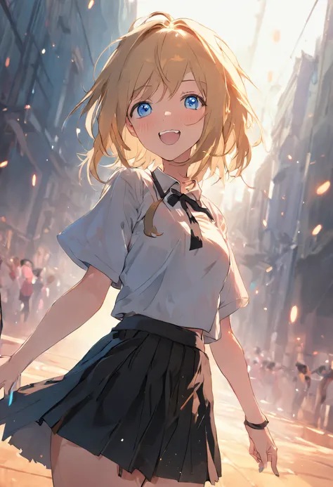 Masterpiece, Best quality, High definition, KR1, Blue eyes, Smile,bangs, White shirt, Black skirt, Stand with finger, Pleated skirt, Socks, small tits, Blonde, Cowboy shot,