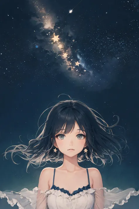 Delicate Composition, hyper detailed, best quality,
1 girl, solo, stars in hair, messy floating hair, colored inner hair, Starry sky adorns hair