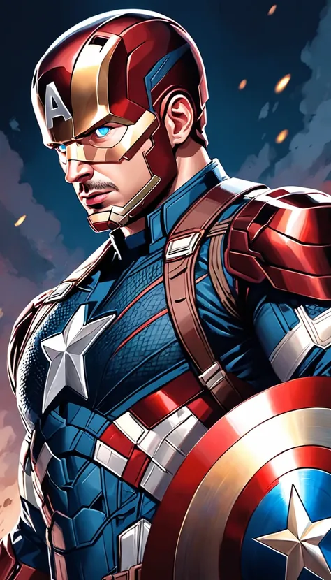 "Detailed illustration of Chris Evans as Captain America, Face Robert Downey Jr (Wearing Iron Man armor)."