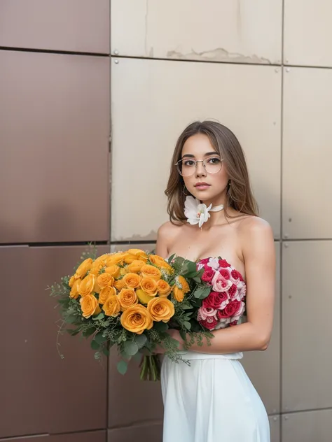 Girl with a bouquet of roses near the building, Detailed roses, Fresh flowers, A bouquet of flowers in your hands, High resolution and high quality photography,