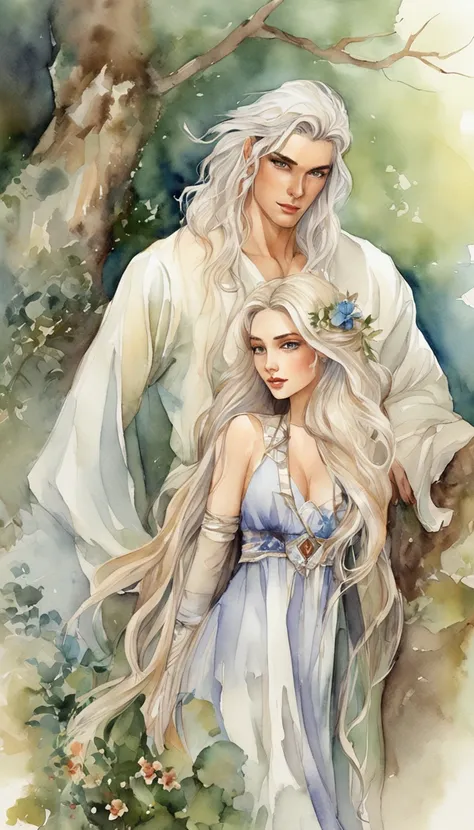 In a fairyland-like forest, A handsome young man with long silver hair stood to his left what was thought to be a sexy beauty with long black hair，On the right stands a sexy beauty with long blonde hair