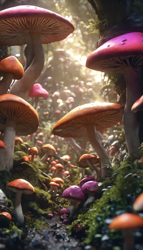 Lots of mushrooms，Realistic movie image of mushrooms, Ultra HD |, Realistic, Vivid colors, highly  detailed, Ultra HD drawings, pen and ink, Perfectcomposition, Bonito, A detailed, 复杂, Complex octane rendering trends in Artstation, 8K, Arte conceptual foto...