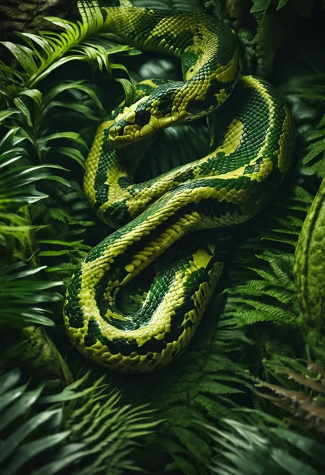 High nation-geographic symmetrical close-up portrait shoot in green jungle of an expressive snake, anamorphic lens, ultra-realistic, hyper-detailed, green-core, jungle-core –ar 16:9 –q 2 –v 5