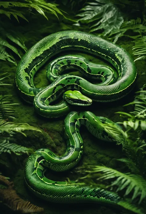 High nation-geographic symmetrical close-up portrait shoot in green jungle of an expressive snake, anamorphic lens, ultra-realistic, hyper-detailed, green-core, jungle-core –ar 16:9 –q 2 –v 5