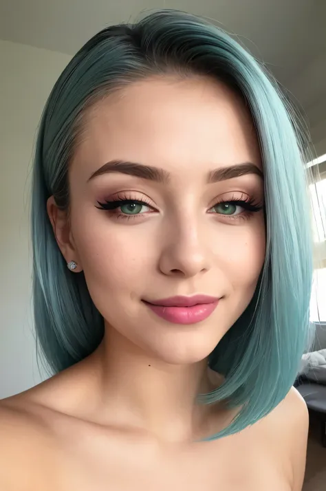 photorealistic,ultra realistic,glowing cyan hair,closed eyes,21 year old woman,sparkling starburst green eyes,red theme,eyeshadow,mascara,plush lips,pink lipstick,smile,straight white teeth,realistic skin texture,skin pores,shiny skin,selfie,red dress,phot...