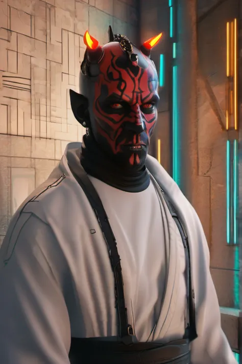 cyberpunk darth maul,  (Hyper-Realistic: 1.4), (Realistic: 1.3), (Softer Lighting: 1.05), (Increase Cinematic Lighting Quality: 0.9), 32K, Realistic Lighting, Backlight, Face Light, Ray Trail, (Bright Light: 1.2), (Increase Quality: 1.4), (Best Quality Rea...