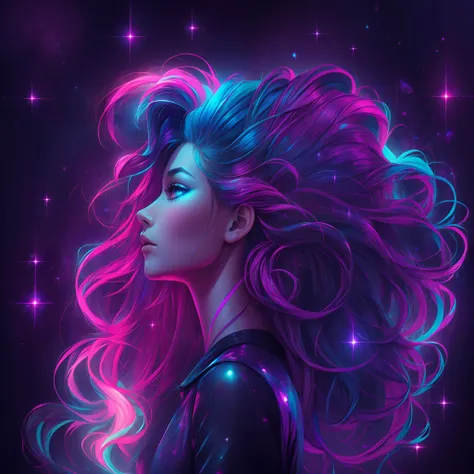 A beautiful gorgeous woman with neon glowing hair in galaxies forms standing