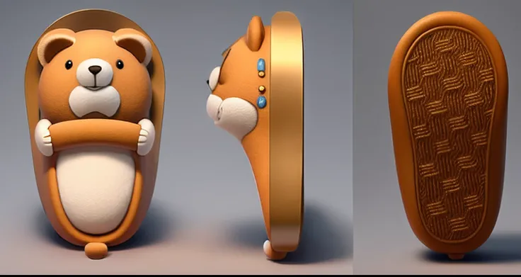 a pair of sandals，There is a teddy bear on it, 3d clay render, 3 d clay render, stylized as a 3d render, 3 d rendered, anthropomorphic beaver, depicted as a 3 d render, 3 d render stylized, Stylized 3 D, front back view and side view, clay render, 3 d mode...