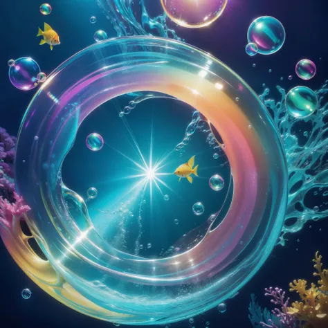 Underwater, colorful and beautiful Small tropical fish pass through a (circle of bubbles, ring of bubbles:1.3). Bright light illuminates the sea. no Human. Detailed drawing. Vivid colors. High image quality. (Best Quality), (masutepiece:1.3), Unity 8K Wall...