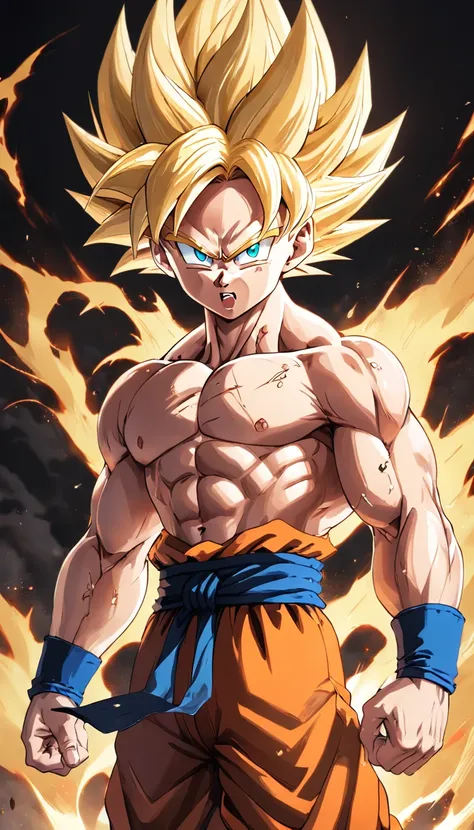 Dragon Ball Goku, full-body portraits, a little realistic, Carefully describe facial features, Escurom style orifundidade de campos, rendering, best qualityer, 8K clear focus on the eyes, Correct anatomy, blond hairbl, Redness of the eyes, Hate skewers, Ve...