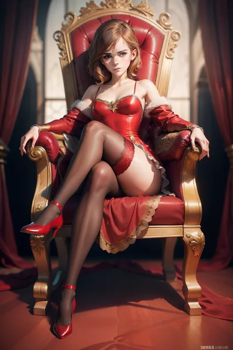 Emma Watson，Raised sexy，Long legs，your jade feet，Red stockings，Bare lace all over，Red knee-length socks，Sit on the throne，Realistic red stockings，Domineering expression