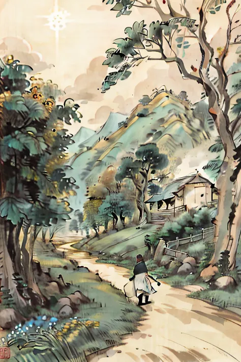 In a peaceful village，and the sun was shining brightly。Tao Yuanming（Herren）Walking down a path with a bookboy，Behind you is a field of greenery and fields。