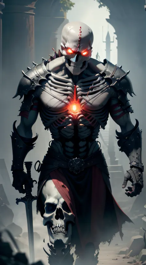 （Very detailed 8k wallpapers），A mid-range photo of a scary skeleton warrior，The is very detailed，The eyes glow red，Angry，Domineering and exposed，Hold the skeleton sword，Humanoid skeleton，With a murderous expression on his face，As thin as a whipping post，Th...