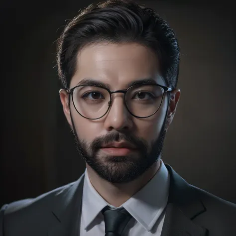 man in black-framed glasses and bearded suit and tie staring into the camera, cinematic headshot portrait, retrato promocional, ...