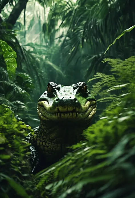 High nation-geographic symmetrical close-up portrait shoot in green jungle of an expressive Crocodile, anamorphic lens, ultra-realistic, hyper-detailed, green-core, jungle-core –ar 16:9 –q 2 –v 5