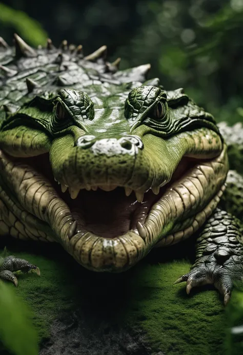 High nation-geographic symmetrical close-up portrait shoot in green jungle of an expressive Crocodile, anamorphic lens, ultra-realistic, hyper-detailed, green-core, jungle-core –ar 16:9 –q 2 –v 5