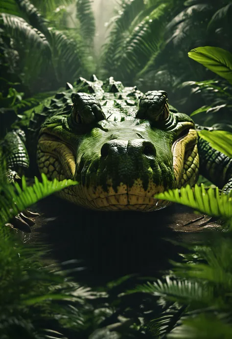 High nation-geographic symmetrical close-up portrait shoot in green jungle of an expressive Crocodile, anamorphic lens, ultra-realistic, hyper-detailed, green-core, jungle-core –ar 16:9 –q 2 –v 5