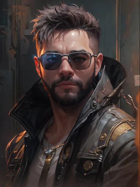 ((PivaArts SD1.5)) obra-prima, melhor qualidade, Foto RAW, 32k, uma pintura de um homem, Beard and glasses with spiked head and jacket, Estilo Craig Mullins, craig mullins dappled lighting, Craig Mullins Greg Rutkowski, inspirado em Craig Mullins, Directed...