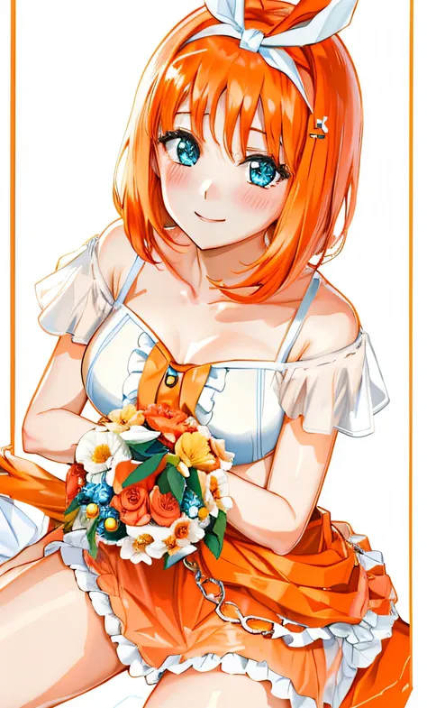 orange hair、white swimsuit、sexy bikini、bouquet in hand、