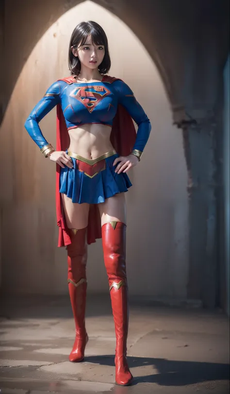 (((Make the most of the original image)))、(((Supergirl Costume)))、(((short-cut、lustrous dark hair)))、(((Suffering)))、(((that is)))、(((Be sure to wear black stockings)))、((Top image quality、8K))、((top-quality、8K、​masterpiece:1.3))、Crisp focus:1.2、Beautiful ...