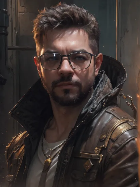 ((PivaArts SD1.5)) obra-prima, melhor qualidade, Foto RAW, 32k, uma pintura de um homem, Beard and glasses with spiked head and jacket, Estilo Craig Mullins, craig mullins dappled lighting, Craig Mullins Greg Rutkowski, inspirado em Craig Mullins, Directed...