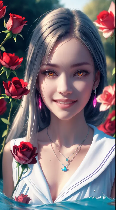 Garden covered with red roses in the background, Silver hair, front ponytail, eyes reflection, red contact lenses, Pink eyes,Heterochromia， Wear earrings, Blue crystal pendant，Evil smile, shairband，High detail, romanticism lain, Depth of field, Sparkle, Ra...