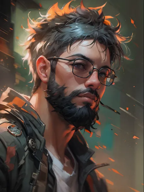 ((PivaArts SD1.5)) obra-prima, melhor qualidade, Foto RAW, 32k, uma pintura de um homem, Beard and glasses with spiked head and jacket, Estilo Craig Mullins, craig mullins dappled lighting, Craig Mullins Greg Rutkowski, inspirado em Craig Mullins, Directed...